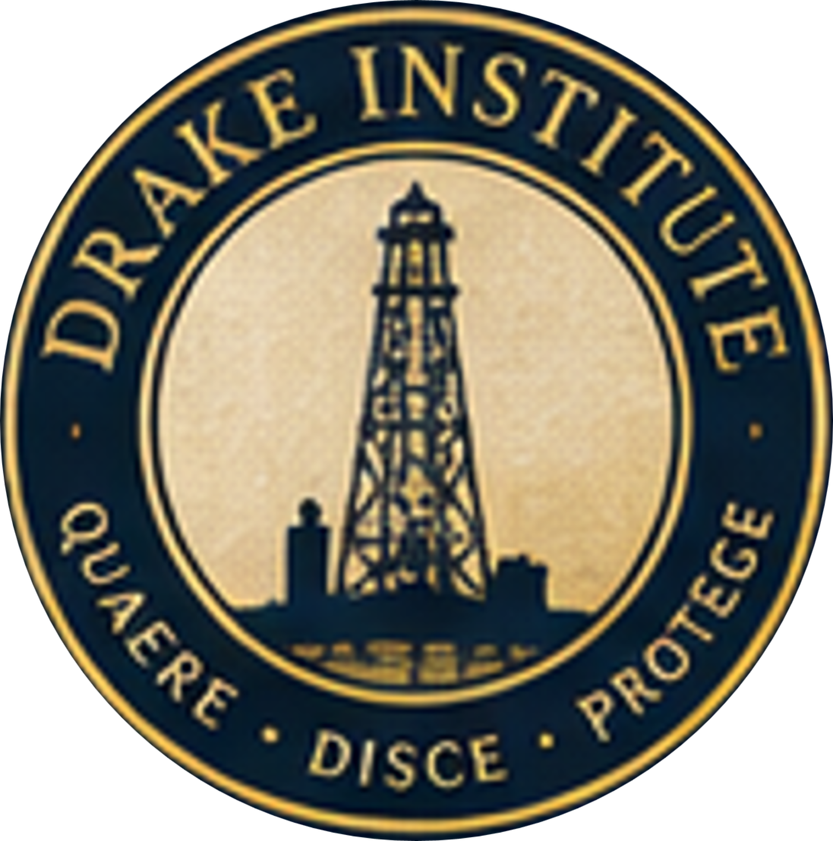 Official Drake Institute seal depicting a historic oil derrick surrounded by the motto Quaere · Disce · Protege