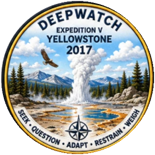 Deepwatch Expedition V embroidered badge depicting Yellowstone geysers, 2017